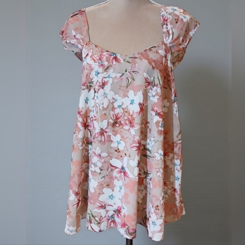 Suzanne Betro Pink Floral Flowy Tunic Tank Blouse Large Flowy